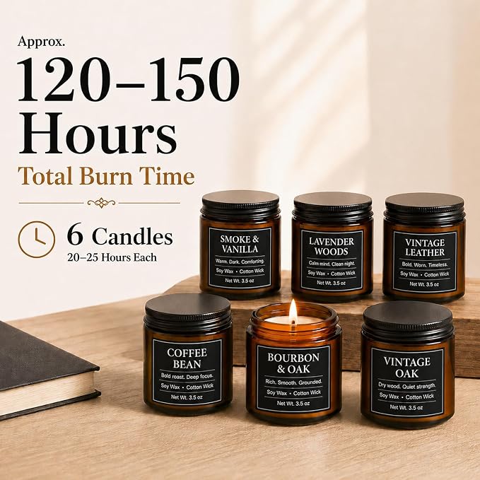 Candles for Men Gift Set, 6 x 3.5 oz / 100 g Scented Soy Candles for Home, Masculine Aromatherapy Candles Gifts Sets for Birthday Father's Day Anniversary Christmas Men