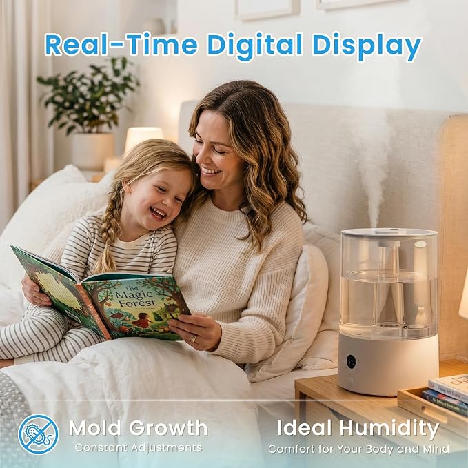 COWSAR Humidifier for Bedroom, 4L Top Fill Humidifier for Large Rooms, Easy Refill & Cleaning, Quiet 22dB, Baby Humidifier, Humidity Display, Up to 40H Runtime, Nightlight, Auto Shut-Off, White