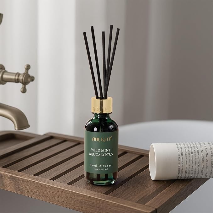 Airkeep Reed Diffuser Set, 3.38 fl oz (100 ml) - Wild Mint&Eucalyptus Oil Diffusers with 8 Reed Sticks, Home Fragrance Reed Diffuser for Bathroom Shelf Decor