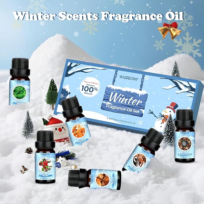 WUSEONY Winter Essential Oil for Diffusers Home, Holiday Fragrance Oils Set, Scented Oil Gift Set for Candle Soap Making - Christmas Wreath, Gingerbread, Mistletoe, Peppermint, Cinnamon, Hot Chocolate