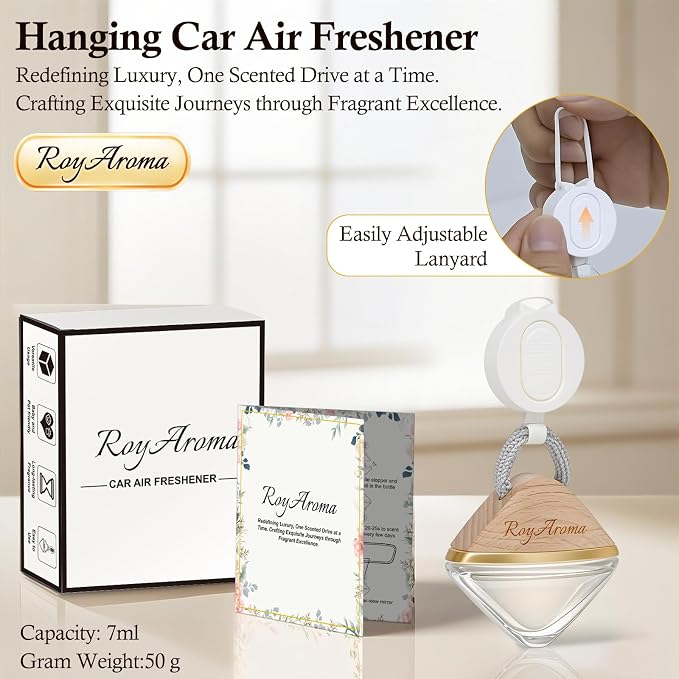 Royaroma Hanging Car Air Freshener Diffuser, Luxury Car Perfume for Men & Women, Long Lasting Cars Fresheners with Natural Essential Oils | Cool Ice | Adjustable Rope