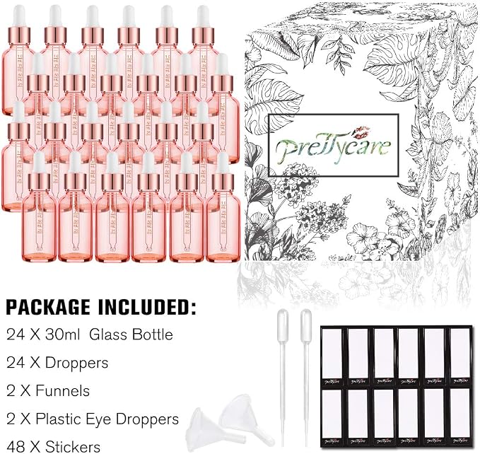 PrettyCare Glass Eye Dropper Bottles 24 Pack, 1oz (30ml) Rose Empty Thick Bottles Bulk with Leakproof Caps - With Labels & Funnels for Storage, Travel, Essential Oils, Cuticle Oils, Tinctures
