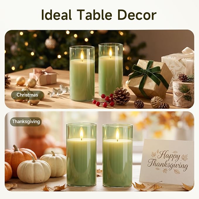 Homemory Sage Green Glass Flameless Candles Battery Operated LED Pillar Candles with Remote and Timer, Real Wax Flickering Candles Home Decor, Wedding, Easter, Farmhouse, Table Centerpieces, Set of 2