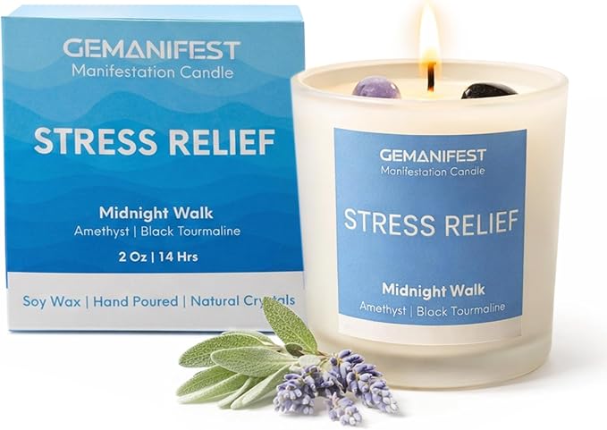Stress Relief Manifestation Crystals Candle, Amethyst and Black Tourmaline Lavender Clary Sage Scented Soy Candle, Valentine's Gift for Her/Him, Women's Wellness & Spiritual Healing