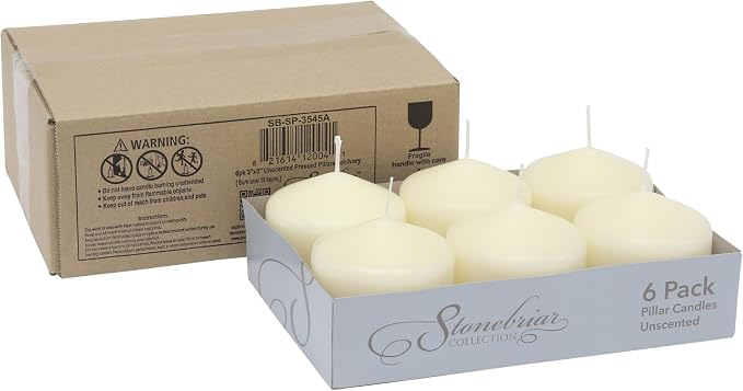 Stonebriar Unscented Pillar Candles – 18 Hour Burn Time, Long-Lasting Wax Candles for Weddings, Holidays, Home Décor & Special Events, Pack of 6, Ivory, 3" x 3"