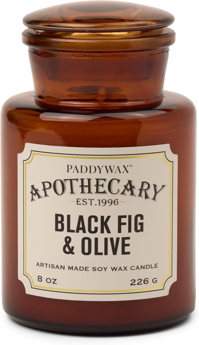 Paddywax Artisan Apothecary Scented Candle with Lid in Reusable Glass Jar, Clean-Burn Soy Candle with Approx. 54 Hour Burn Time, Black Fig & Olive, 8 oz