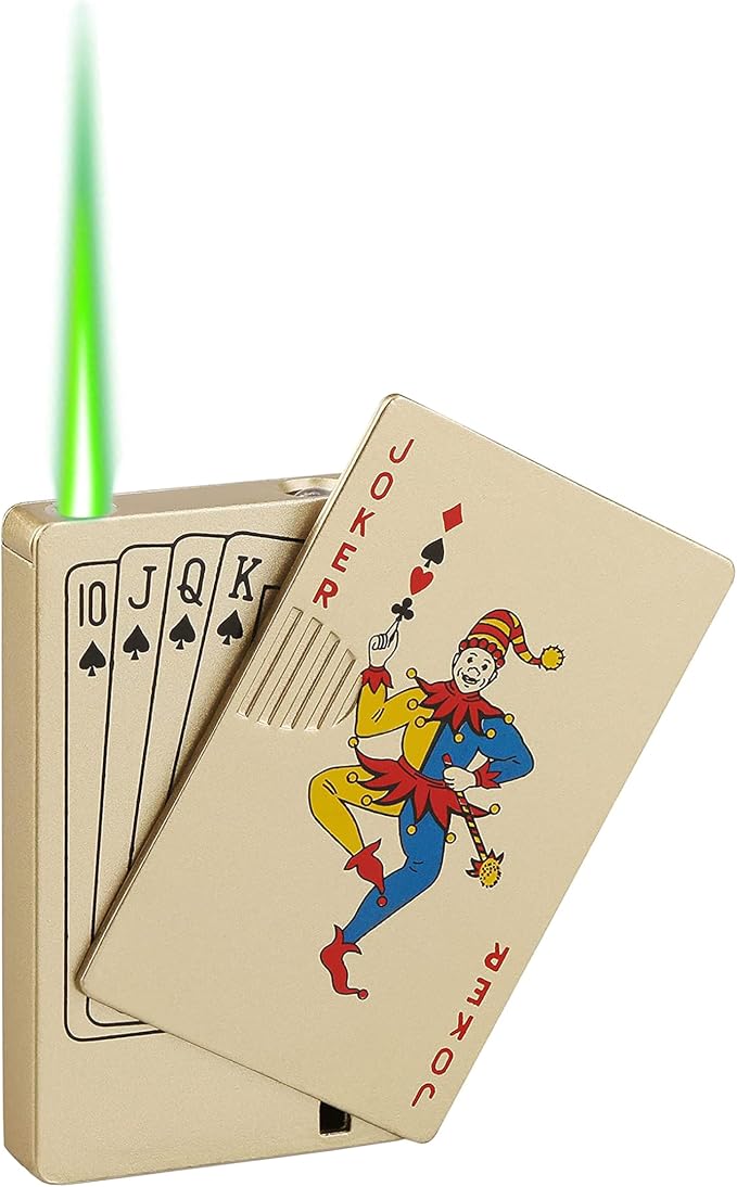 Jet Torch Lighter, Green Flame Joker Card Lighter, Metal Poker Design Windproof Refillable Butane Cool Lighter, Outdoor, Indoor, Camping, BBQ, Candle, Birthday, Gift for Men/Women (Without Gas)