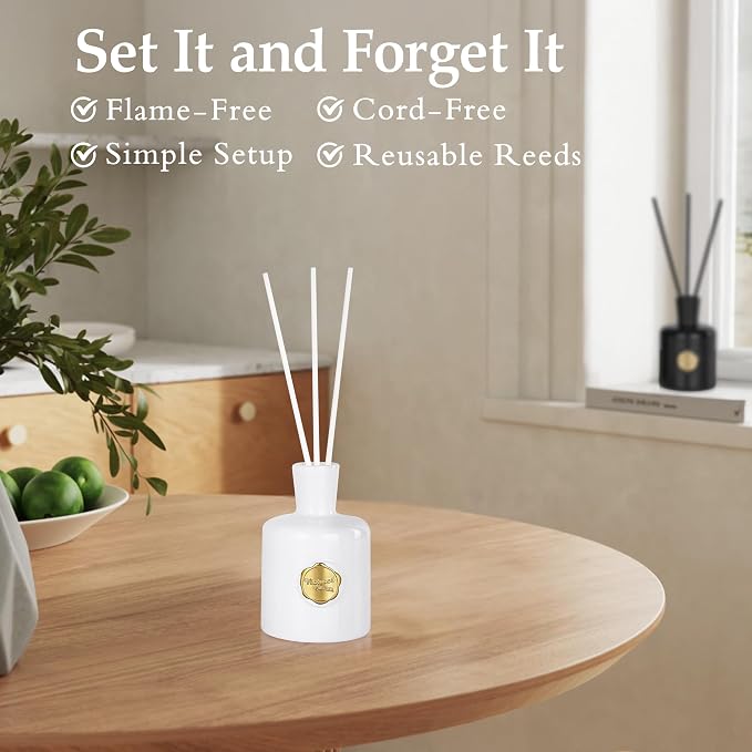 XEPTLE White Musk Reed Diffuser, Apple Pear Jasmine with Musk & Ambergris, Home Fragrance Diffuser with 5 Reeds, Air Freshener for Bedroom Living Room Bathroom Décor, 7.04oz, White