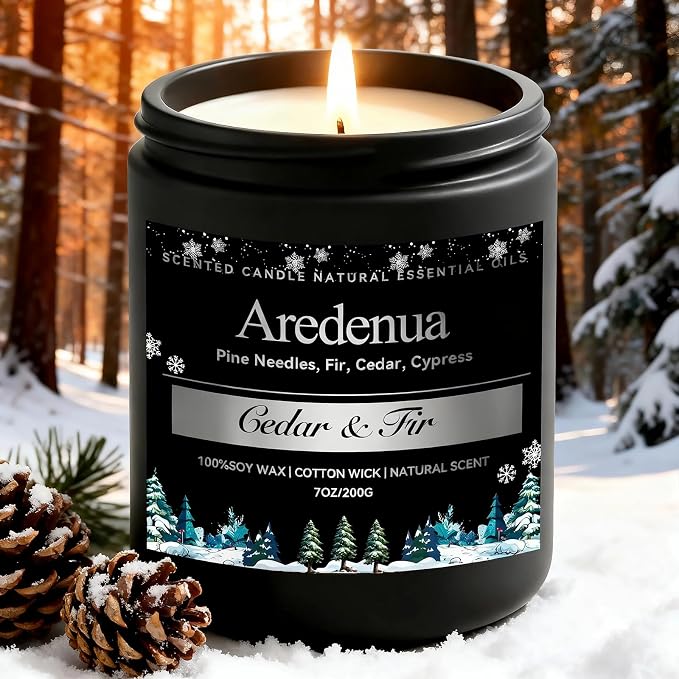 Cedar & Fir Candle – Winter Candles | Holiday Scented Candles, 7oz Jar Soy Candle for Home Scented - 50H Burn - Evergreen Forest & Fresh Pine Scent, Candles Gifts for Women & Men