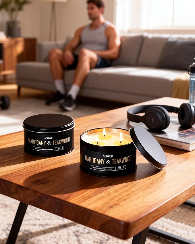 AOOVOO 2 Pack Mahogany Teakwood Candles for Men - 3 Wick 24oz Large Scented Candle, Long Lasting Soy Candles for Home Scented, Strong Fragranced Masculine Black Candle Gift for Women & Men