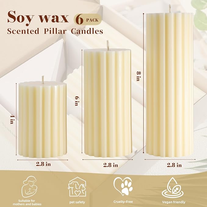 6 Pack Ribbed Ivory Pillar Candles, Cashmere Amber Scented Natural Soy Wax Candle, 532 H Long Burning Soy Candles, 2.8x4/6/8 inch Large Pillar Candles Gift Set for Home, Relaxation, Mantle