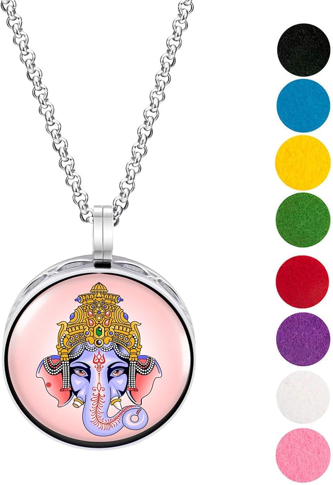 Wild Essentials Ganesha Necklace Essential Oil Diffuser Kit, Lavender, Lemongrass, Peppermint, Orange Oils, 8 Refill Pads, Calming Aromatherapy Gift Set, Customizable, Perfume