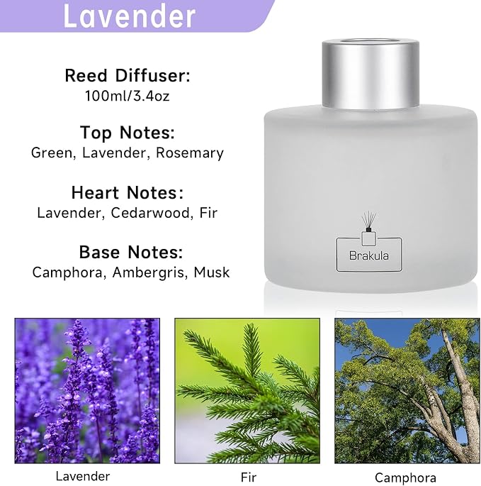 Brakula Reed Diffuser Set - Lavender Scented Essential Oil Includes 8 Sticks, Bathroom Bedroom Home Office Decor, 3.4 oz/100 ml