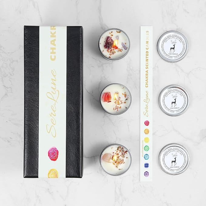 Chakra Crystals Candle, 3 Scented Soy Candles with Crystals, Spiritual Gifts for Women, Birthday Gift, Aromatherapy Chakra Candle with Healing Stones, Healing Candles (Heartfelt Balance Set)