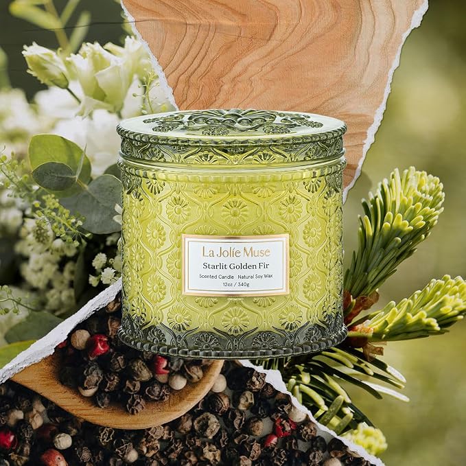 LA JOLIE MUSE Starlit Fir Pine Scented Candle for Home | Balsam & Cedarwood | Christmas Winter Holiday | 2-Wick Non Toxic Natural Soy | Large Green Jar Candle | Luxury Gifts for Women & Men | 12 oz