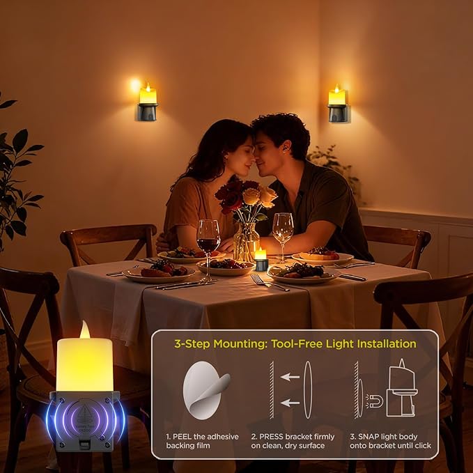 Flameless Candles Night Light with Flickering Flame, Battery Operated LED Night Light, Magnetic Attachment for Easy Placement, Realistic Candlelight for Home, Bathroom, Window Decor (Black, 1 Pack)