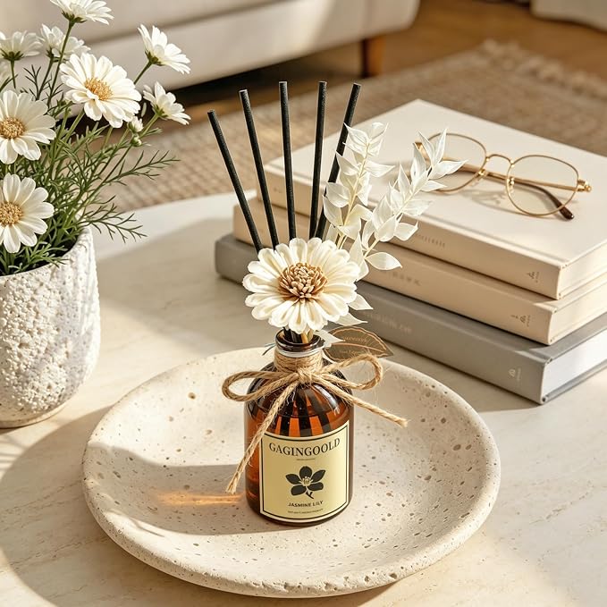 Jasmine Lily Scented Oil Set, 10 Black Sticks & Decorative Flower, Reed Diffuser for Bedroom Living Room, Long Lasting Fragrance, 5 fl.oz