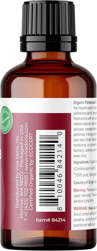 Viva Doria Palmarosa Essential Oil, USDA Certified Organic Palmarosa Oil, 100% Pure, Natural Essential Oil, Undiluted, for Aromatherapy | Food Grade, 30 mL (1 Fluid Ounce)
