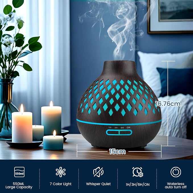 Aeshory Aromatherapy Diffuser & 12 Essential Oils Set, 550ML Aromatherapy Diffuser for Home, Ultrasonic Cool Mist Humidifier with Remote Control 4 Timer 7 Color LED Light, Waterless Auto Off, Dark