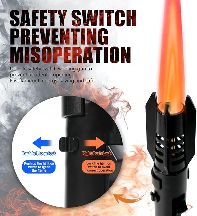 Camping Torch Lighter, Bright Fire Windproof Butane Refillable Straight Flame Lighter with Safety Lock and Adjustable Red Blue Flame for Outdoor Campfires BBQ Baking Kitchen Candles (Silver)