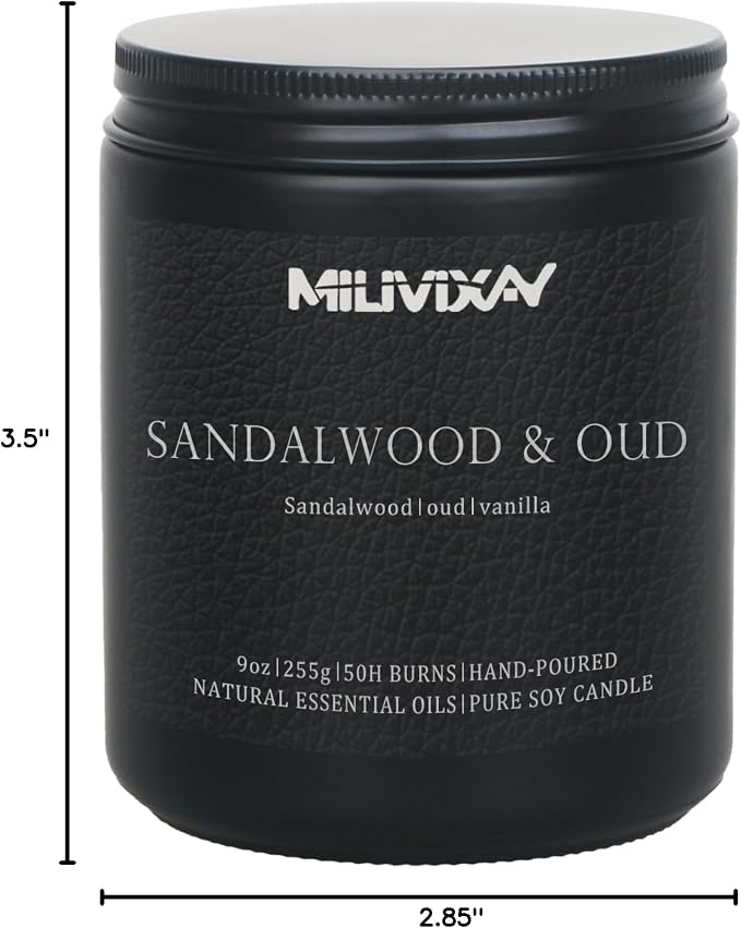 MILIVIXAY Candle for Men Sandalwood & Oud Scented Classic 9oz Jar Single Wick Candle, Soy Wax Candles for Consistent Burn, Over 50 Hours of Burn Time, Ideal for Creating Relaxing & Holiday Gifting.