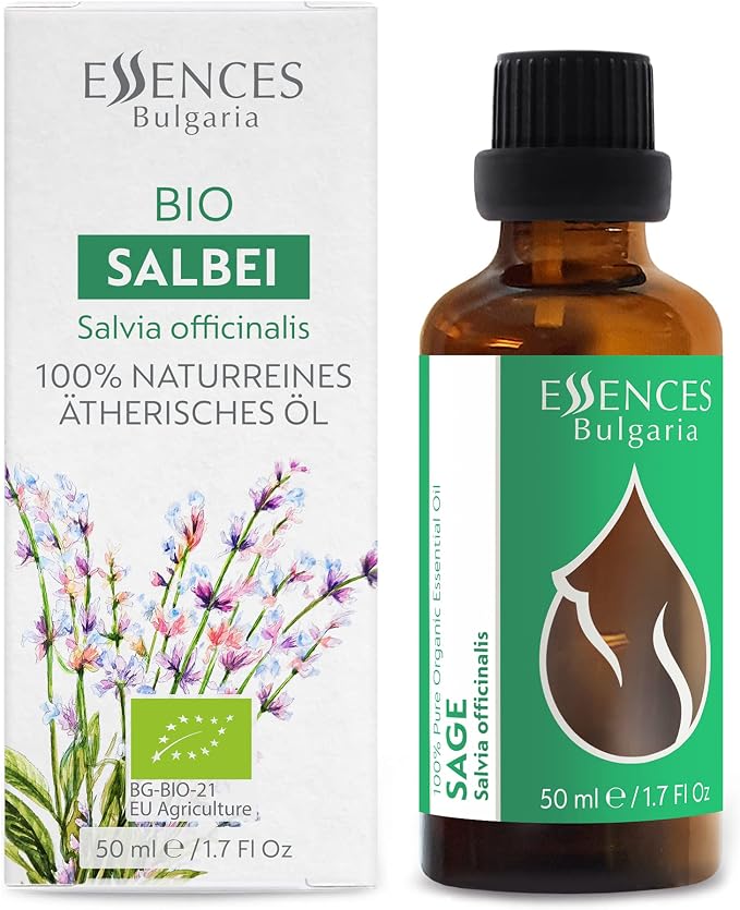 Essences Bulgaria Organic Sage Essential Oil 1,7 Fl Oz | 50ml | Salvia officinalis | 100% Pure and Natural | Undiluted | Therapeutic Grade | Family Owned Farm | Steam-Distilled | Non-GMO | Vegan