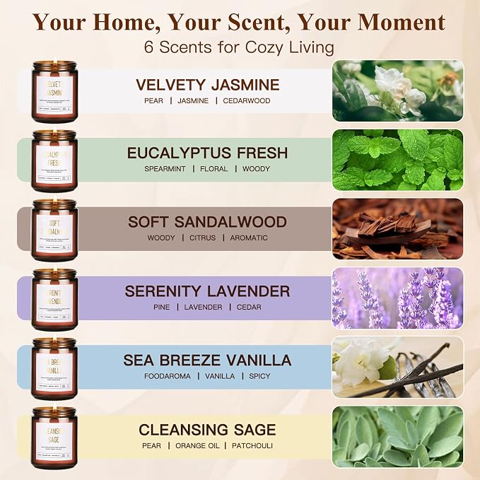 Scented Soy Candles Set for Women - 6 Pack 42oz 300Hour Candle for Home Scented, Lavender Vanilla Eucalyptus Sage Jasmine Sandalwood, Natural Soy Wax Aromatherapy Candles ﻿