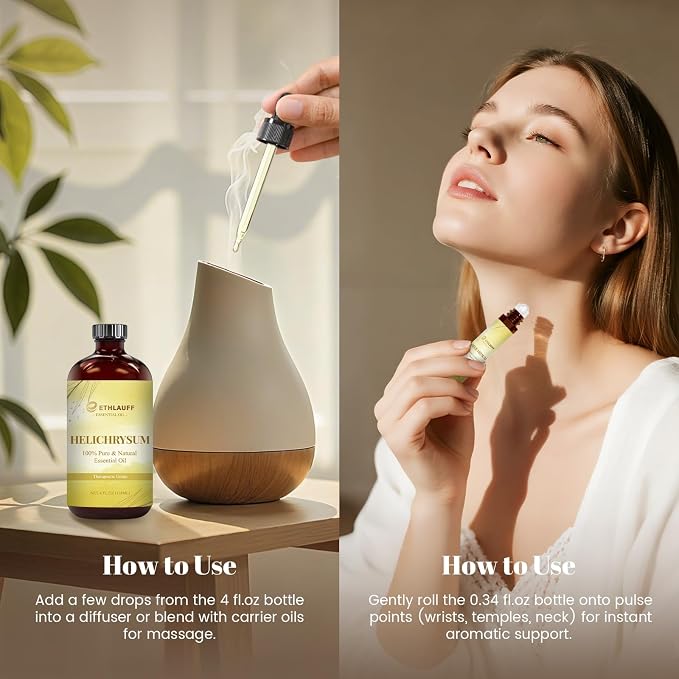 Helichrysum Extracts Essential Oil, 100% Natural Helichrysum Oil Premium Grade for Diffusers, Skin Care, Massage, Humidifiers, Stress Relief, with Glass Dropper