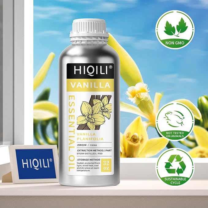 HIQILI Vanilla Essential Oil - 32 Fl Oz | Strong Fragrance for Body Lotion, Candle Making, Soap, Aromatherapy