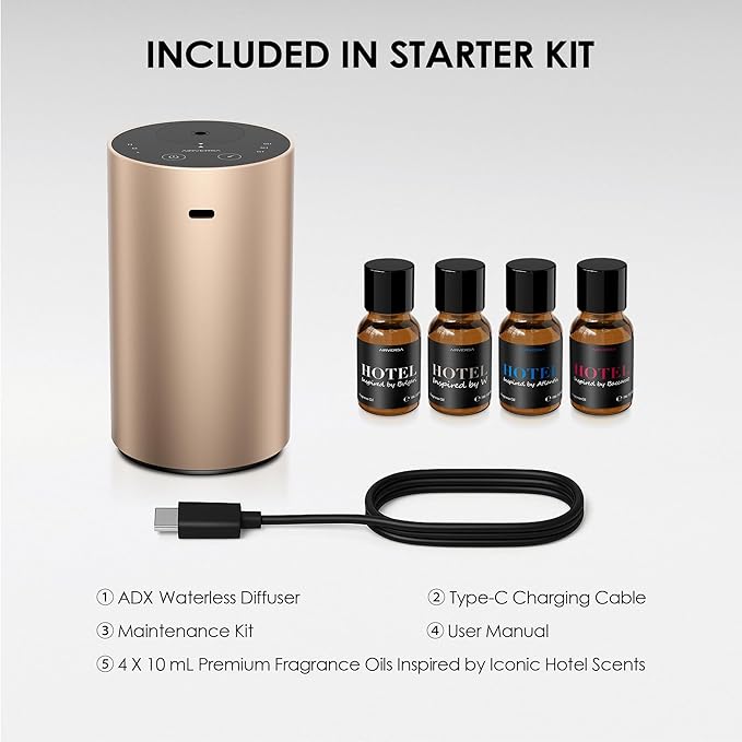 Airversa Waterless Essential Oil Diffusers Starter Kit with 4 x 10mL Hotel Scent Fragrance Oil, Aluminum Housing, Battery Operated Mini Scent Air Portable Diffuser for Home Car Titanium Kit