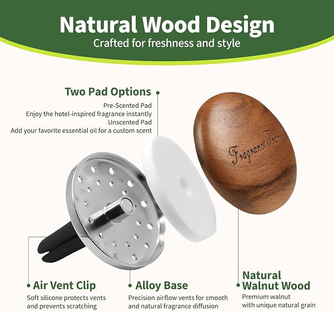 Wooden Car Air Freshener Vent Diffuser, Dark Brown Walnut Wood with Zinc Alloy Base, Refillable Essential Oil Compatible Car Vent Clip, Includes 4 Scented Pads, Long Lasting Natural Diffuser