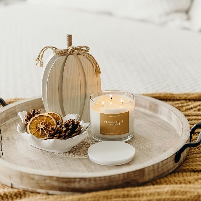 Calyan Wax Co. Golden Cider & Nutmeg 3 Wick Scented Candle - 43 Hour Burn - Luxury 3 Wick Soy Candles - Clean Soy Wax Candles - Long Lasting Large Glass Jar Candle for Home - 14.9oz