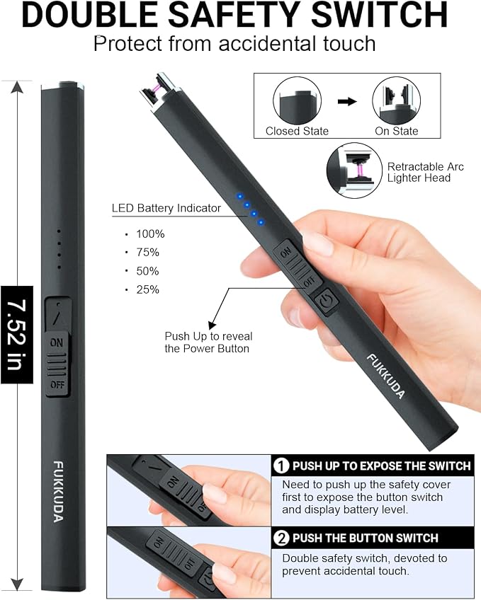 FUKKUDA Electric Arc Candle Lighter with Safety Switch - USB Rechargeable, Windproof & Flameless for Romantic Evenings, Valentine's Day Gift & Stocking Stuffer (Obsidian Black)