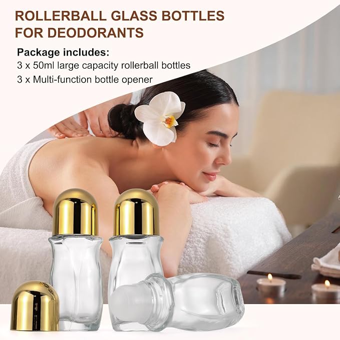 3-Pack 50ml Glass Deodorant Roller Bottles, Refillable Roll-On Bottles for Essential Oils, Perfume, Aromatherapy, Empty Travel-Size Rollerball Applicator Containers