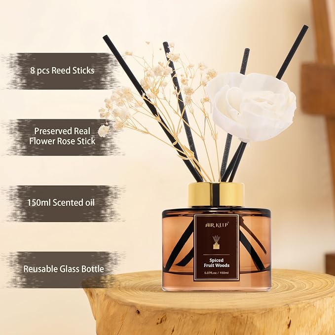 Airkeep Flower Reed Diffuser Set, Spiced Fruit Woods Diffuser Set, 5.07 Fl.oz (150ml), Home Fragrance, Bathroom, Bedroom & Home Décor, Air Freshener