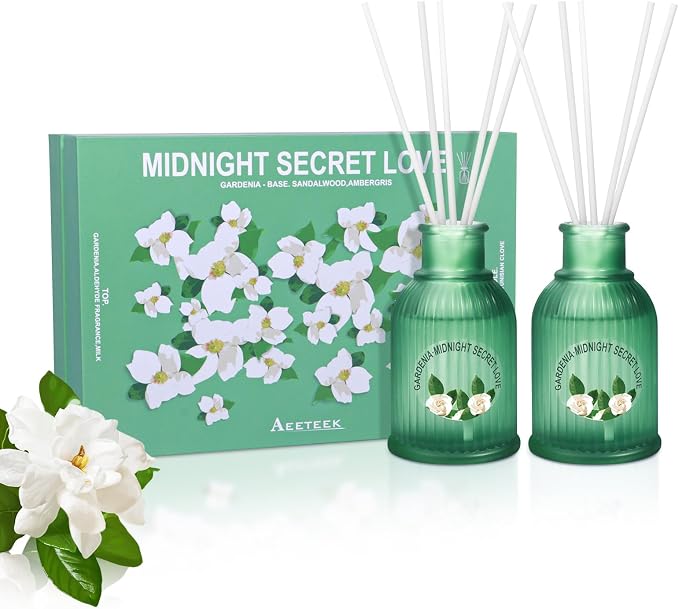 2 Packs Reed Diffuser Set, 200ml Gardenia and Tuberose Essential Oil, Floral Scent Home Fragrance with 12pcs Fiber Sticks, Aromatherapy Scented Gifts for Bedroom Bathroom Office Shelf Decor