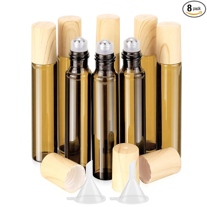 10mL(1/3 Oz) Amber Glass Roll On Bottles, 8 Pack Leak Proof Refillable Roller Bottles for Essential Oils, Perfume, DIY Craft, Samples, Eye Roller, Travel Portable
