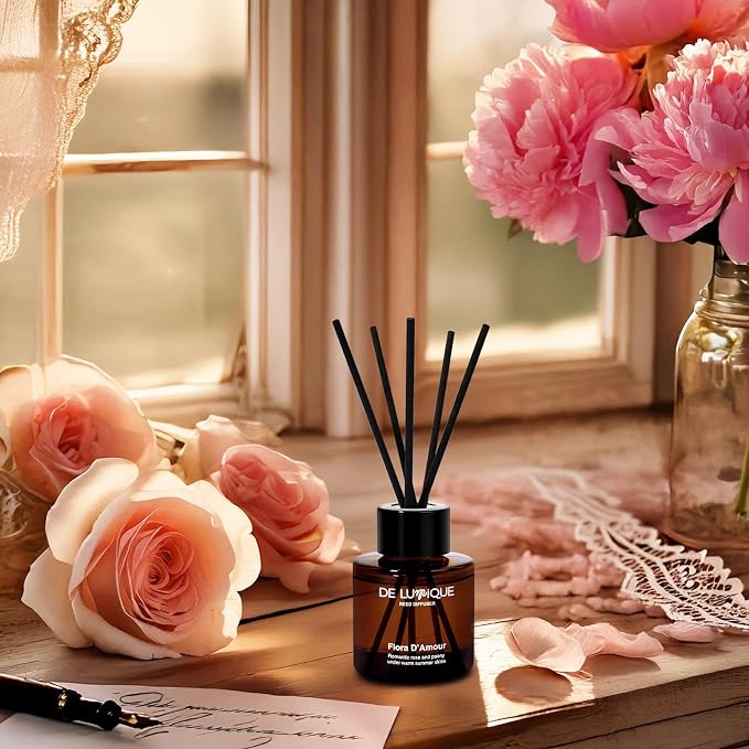 Flora D'Amour Scent Reed Diffuser Oil – with Rose, Peony, Magnolia & Peach – Long Lasting Aroma Diffusers for Home, Bedroom, Bathroom & Office – 50ml