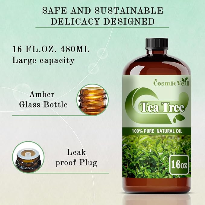 Tea Tree Essential Oil Tea Tree Oil for Aroma Diffuser,Humidifier,Home Fragrance,Cleaning,Body Care,Massage,Yoga,DIY Candle,DIY Soap CosmicVeil（Tea Tree，16 Fl Oz (Pack of 1)）