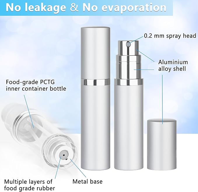Refillable Perfume Atomizer Travel Bottle 5ml Leakproof Luxury Travel Perfume Refillable Bottle, Portable Fragrance Atomiser (Silver)