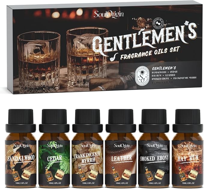 Soulorigin Gentleman Fragrance Oils Set, Essential Oil for Diffuser, Diffuser Oil, Use for Soap Candle Making, Sandalwood, Cedar, Rum, Leather, Smoky Oud, and Frankincense & Myrrh