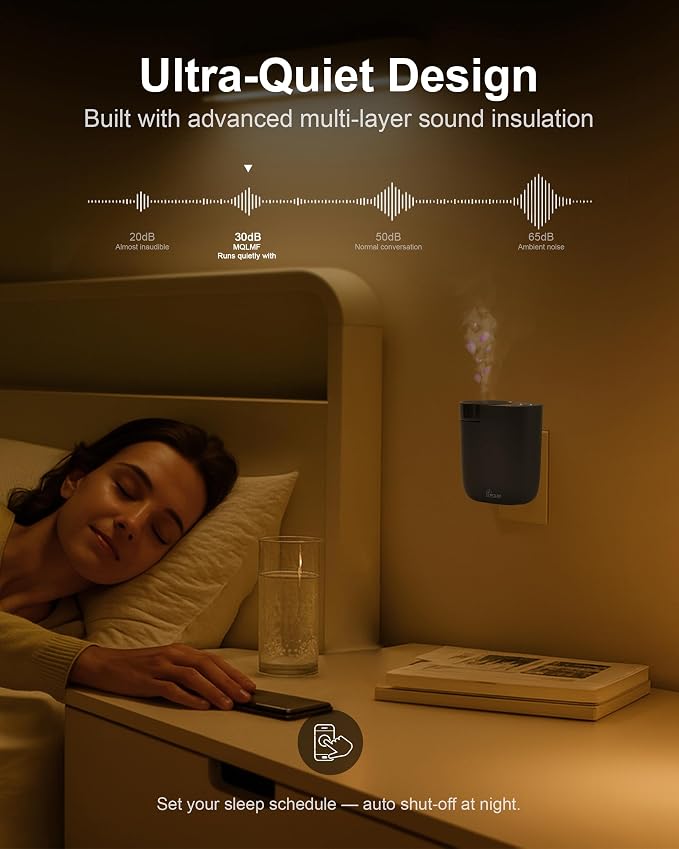 Waterless Plug in Diffuser, 800 Sq Ft, No Wobble Secure Wall Fit, Adjustable Timer & Scent Intensity,App Control,Essential Oil Plug in Wall Diffuser, Includes 3 x 20ml Fragrance Oils - Black
