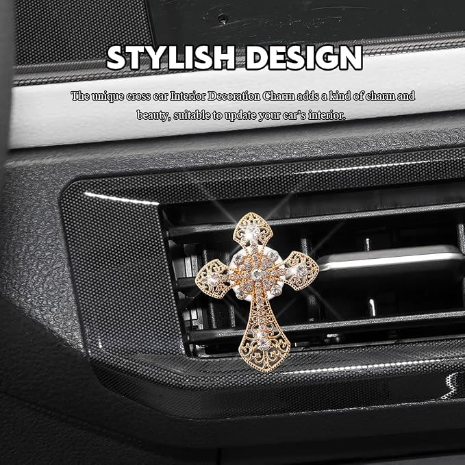 Bling Car Air Vent Clip, Crystal Cross Car Air Fresheners, Rhinestone Vehicle Air Conditioner Outlet Diffuser Vent Clip, Bling Car Interior Accessories Fit for Women and Man (Gold, Style 1)