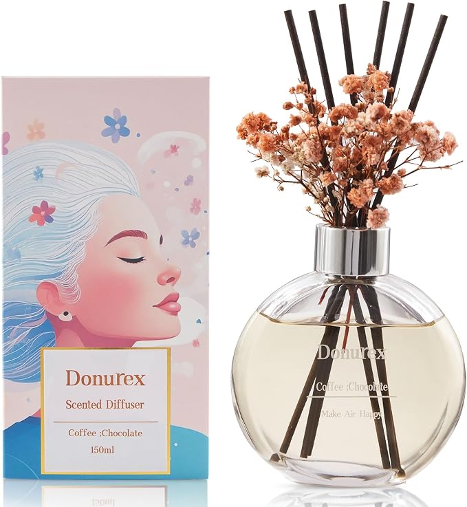 Flower Reed Diffuser Set 5.07oz Coffee & Chocolate Scent Diffuser with Sticks Home Fragrance Reed Diffuser for Bathroom Shelf Decor