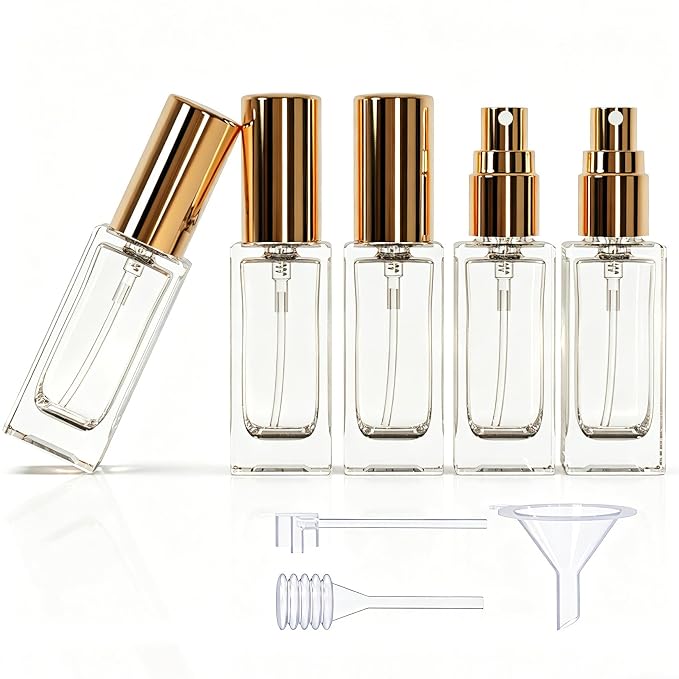5PCS 5ml Glass Travel Refillable Perfume Bottle,Small Empty Cologne Atomizer with Dispenser Tools, Mini Pocket Spray Bottles For Toiletries and Smple Containe (Golden Cap 5p)