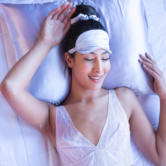 Vegan Silk Sleep Set – Satin Pillowcase, Eye Mask & Large Scrunchie for Hair and Skin – Frizz Free Beauty Sleep & Self Care Night Routine – Purple