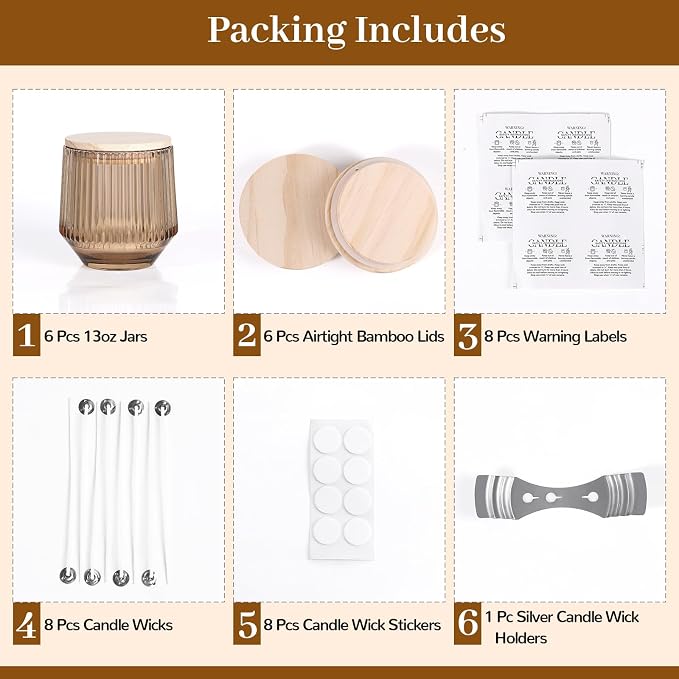 Simeitol 13 OZ Candle Making Kit - 6 Pack Amber Ribbed Glass Jars With Bamboo Lids and Wick Kit for Containers