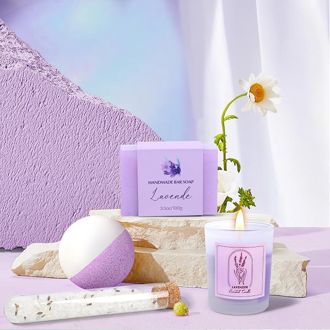 Spa Gift Baskets for Women, Lavender Birthday Gifts for Women, Relaxing Spa Kit Box, Bath and Body Gift Set for Her Mom Wife Sister Friends, Self Care Gift for Woman Mothers Day Christmas Idea