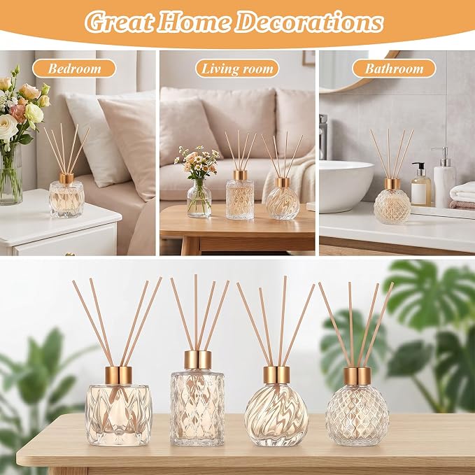 8 Pcs Bathroom Reed Diffuser Sets with 40 Natural Sticks, 3.4oz Empty Glass Bottles & Gold Caps, Bathroom Diffuser with Sticks for Home Office Aromatherapy Decor