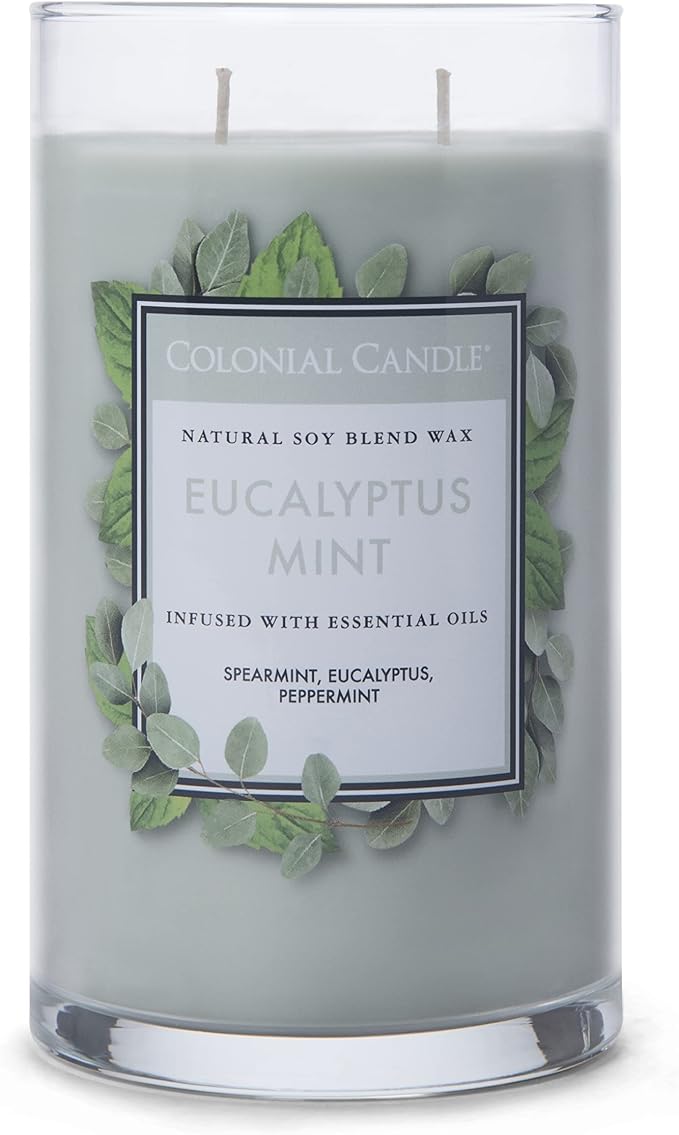 Colonial Candle Eucalyptus Mint Scented Jar Candle, Classic Cylinders Collection, 2 Wick, Green, 19 oz - Up to 120 Hours Burn